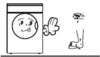 Illustration showing a smiling washing machine with hand gesture and corresponding body diagrams for leg and foot positioning.