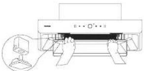 Diagram showing printer press operation with hands inserting a component, labeled with Chinese characters for 'press' and 'cancel'.