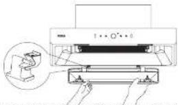 Diagram showing printer operation with labeled parts and a magnified view of the printer's internal structure.