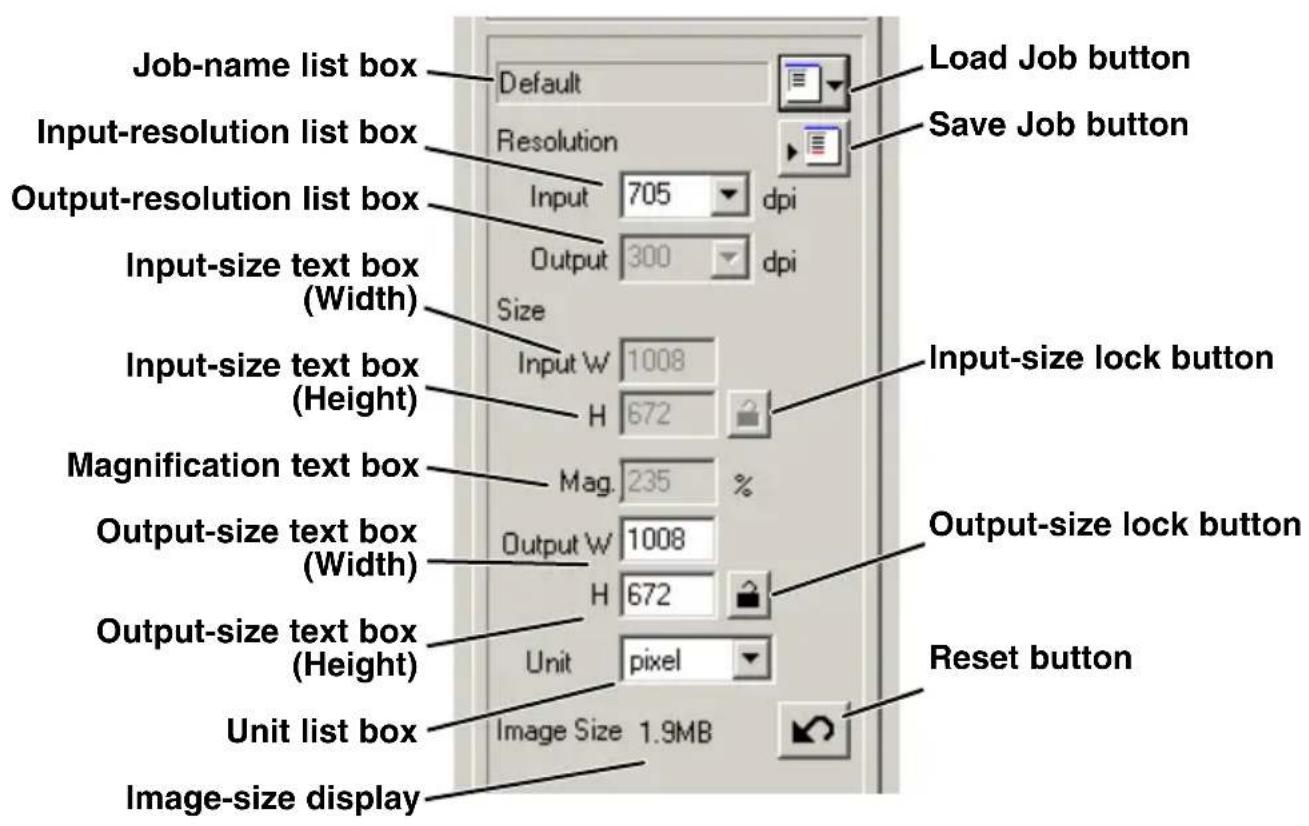Job-name list box Default Load Job button Input-resolution list box Resolution Save Job button Output-resolution list box Input: 705 dpi Output: 300 dpi Input-size text box (Width) Size Input-size text box (Height) Input-size lock button H 672 Magnification text box Mag. 235 % Output-size text box (Width) Output W 1008 H 672 Output-size text box (Height) Unit pixel Reset button Unit list box Image Size 1.9MB Image-size display