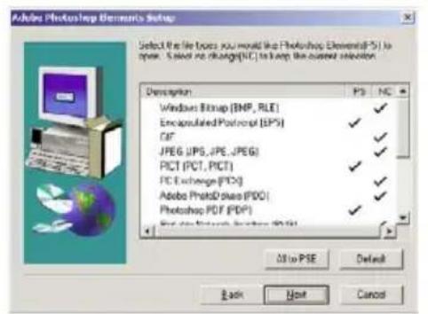Adobe Photoshop Elements Setup Select the file type you would like Photoshop Elements("S1") to open. I save no change(NC) to keep the current selection. Description Windows Bitmap (BMP, RLE) Encapsulated Protocol (EPS) GIF JPEG (JPG, JPE, JPEG) PICT (PCT, PICT) PCI Exchange (PCI) Adobe Photoshop PDF (PDF) Photoshop PDF (PDF) For this setup, it is not selected in this case.
