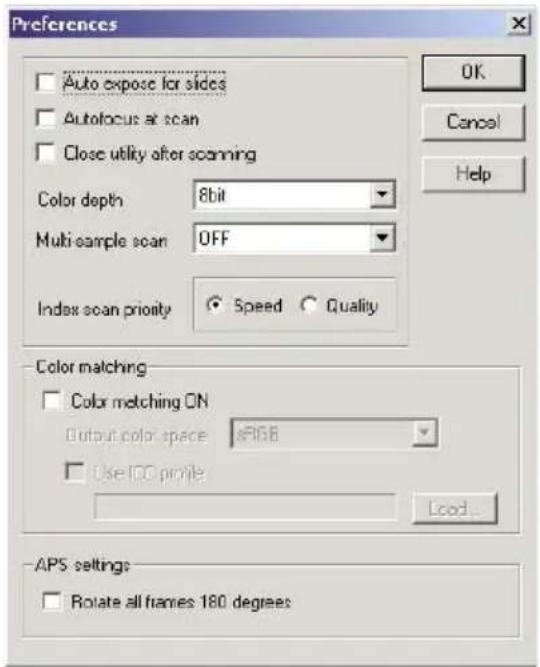 Preferences Auto expose for sides Autofocus at scan Close utility after scanning Color depth 8bit Multi-sample scan OFF Index scan priority Speed Quality Color matching Color matching ON Output color space RIGB Use IDC profile Load... APS settings Rotate all frames 180 degrees