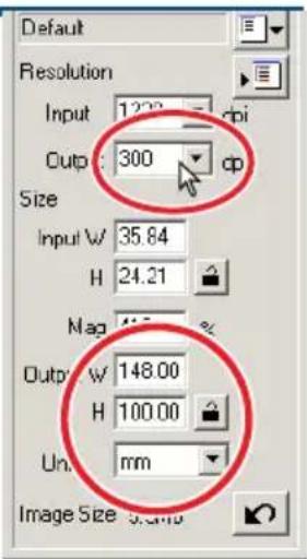 Default Resolution Input 1200 dpi Output 300 dp Size Input W 35.84 H 24.21 Mag 4.6 % Output W 148.00 H 100.00 Un mm Image Size 5.0x10