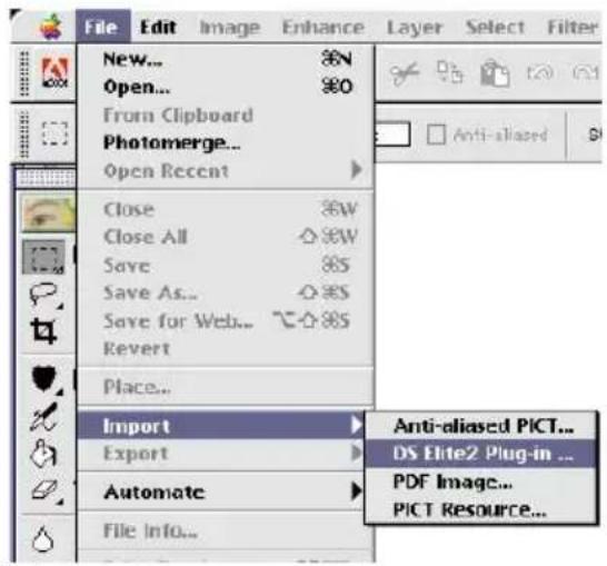 File Edit Image Enhance Layer Select Filter New... N Open... 0 From Clipboard Photomerge... Open Recent Close 3W Close All 0.8W Save 8S Save As... 0.8S Save for Web... 0.8S Revert Place... Import Anti-aliased PICT... Export DS Elite2 Plug-in ... Automate PDF Image... File Info... PICT Resource...