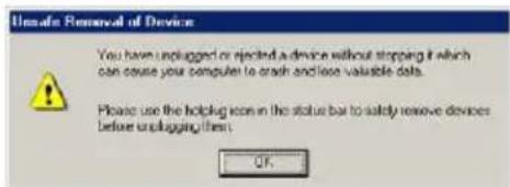 Unsafe Removal of Device You have unplugged or rejected a device without stopping it which can cause your computer to crash and lose valuable data. Please use the helplug icon in the status bar to satisfy remove devices before unplugging them: OK.