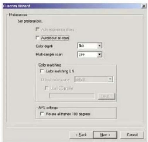 Custom Wizard Preferences Self preferences. □ Auto matching ON □ Autobase at scan Color depth: 3bit Multi-sample scan: 0.01 Color matching □ Color matching UN Output color source: 0.01 □ Use CC profile: AIDS settings □ Rotate all frame 180 degree < Back Next > Cancel