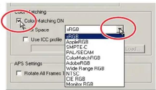 Color Matching Color Matching ON Color Space Use ICC profile sRGB sRGB AppleRGB SMPTE-C PAL/SECAM ColorMatchRGB AdobeRGB Wide Range RGB NTSC CIE RGB Monitor RGB