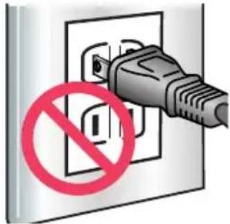 Safety warning symbol showing a plug with a prohibition sign over an electrical socket