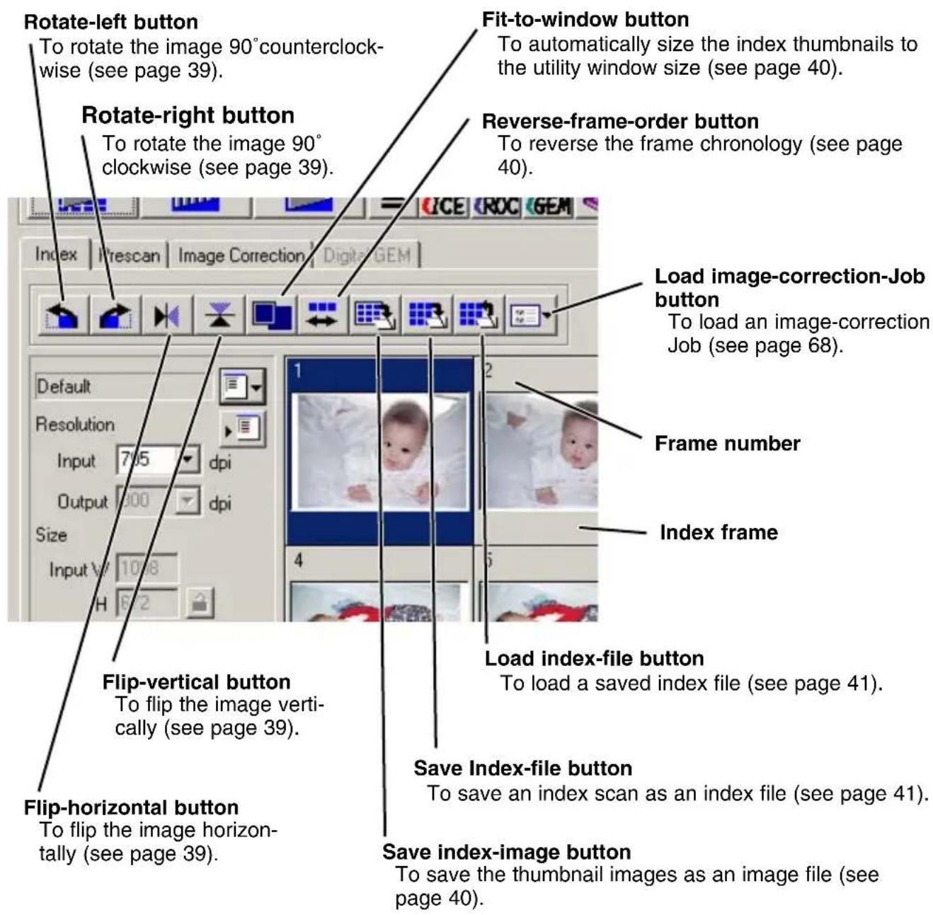 Rotate-left button To rotate the image 90° counterclockwise (see page 39). Rotate-right button To rotate the image 90° clockwise (see page 39). Fit-to-window button To automatically size the index thumbnails to the utility window size (see page 40). Reverse-frame-order button To reverse the frame chronology (see page 40). Load image-correction-Job button To load an image-correction Job (see page 68). Frame number Index frame Load index-file button To load a saved index file (see page 41). Save Index-file button To save an index scan as an index file (see page 41). Save index-image button To save the thumbnail images as an image file (see page 40). Flip-vertical button To flip the image vertically (see page 39). Flip-horizontal button To flip the image horizontally (see page 39).