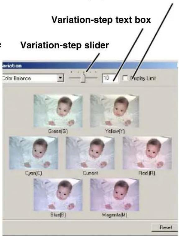 Variation-step text box Variation-step slider Variation Color Balance 10 Display Limit Green(G) Yellow(Y) Cyan(C) Current Red(R) Blue(B) Magenta(M) Reset