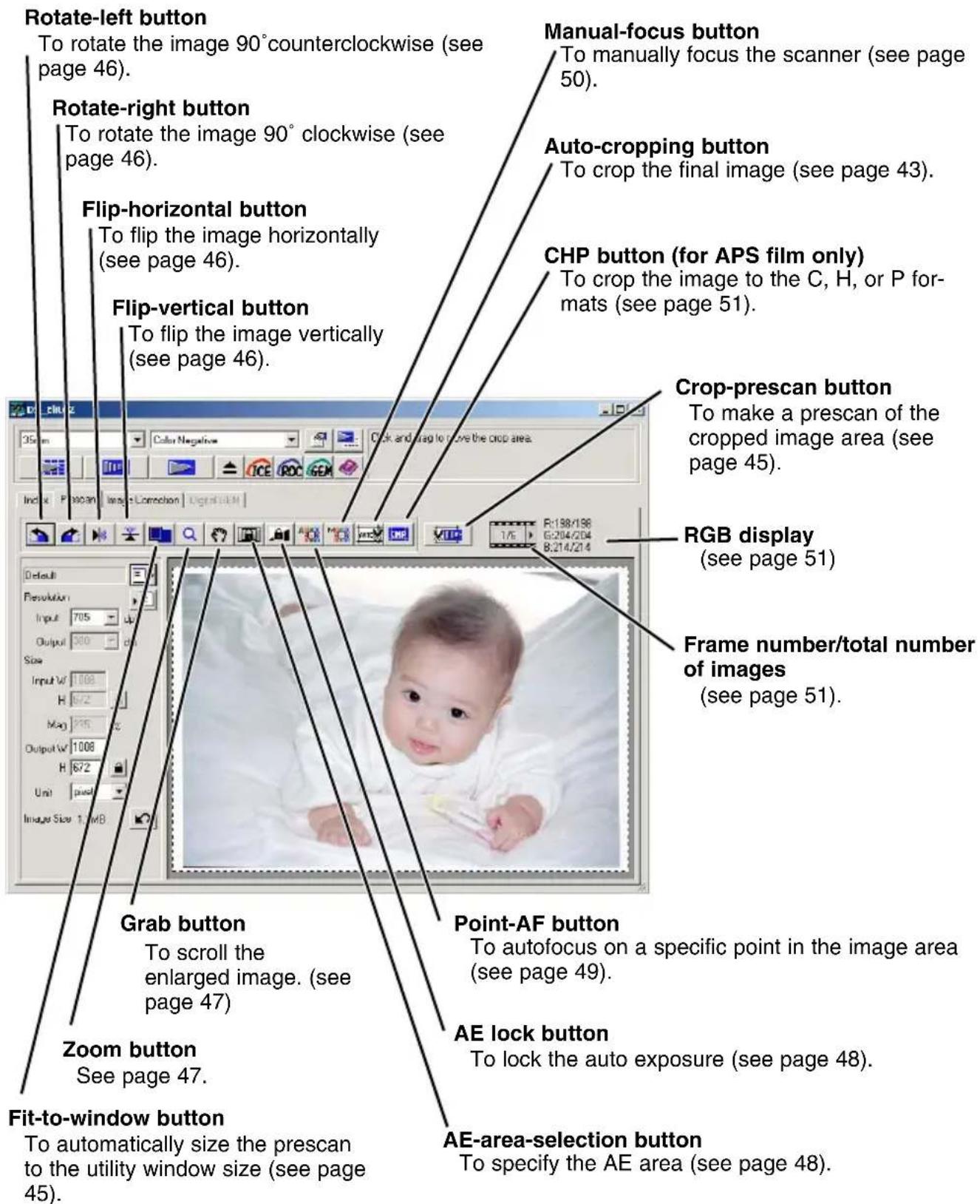 Rotate-left button To rotate the image 90° counterclockwise (see page 46). Rotate-right button To rotate the image 90° clockwise (see page 46). Flip-horizontal button To flip the image horizontally (see page 46). Flip-vertical button To flip the image vertically (see page 46). Manual-focus button To manually focus the scanner (see page 50). Auto-cropping button To crop the final image (see page 43). CHP button (for APS film only) To crop the image to the C, H, or P formats (see page 51). Crop-prescan button To make a prescan of the cropped image area (see page 45). RGB display (see page 51) Frame number/total number of images (see page 51). Grab button To scroll the enlarged image. (see page 47). Point-AF button To autofocus on a specific point in the image area (see page 49). Zoom button See page 47. AE lock button To lock the auto exposure (see page 48). Fit-to-window button To automatically size the prescan to the utility window size (see page 45). AE-area-selection button To specify the AE area (see page 48).