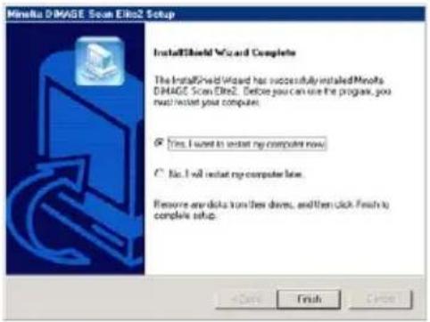 Minailla IMAGE Scan Eiko2 Setup InstallShield Wizard Complete The InstallShield Wizard has successfully installed Minailla DIMAGE Scan Eiko2. Before you can use the program, you must install your computer. ✓ Yes, I want to restart my computer now. ✓ No, I will restart my computer line. Remove any disks from these drives, and then click Finish to complete setup.