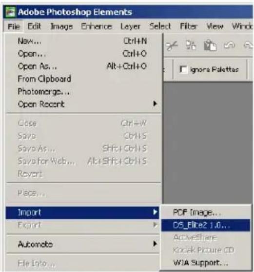 Adobe Photoshop Elements File Edit Image Enhance Layer Select Filter View Wind New... Ctrl+N Open... Ctrl+O Open As... Alt+Ctrl+O From Clipboard Photomerge... Open Recent Close Ctrl+W Save Ctrl+S Save As... Shift+Ctrl+S Save for Web... Alt+Shift+Ctrl+S Revert Place... Import Export Automoto File Info... PDF Image... DS_Elite2 1.0... ActiveShare Kock Picture CD WJA Support...