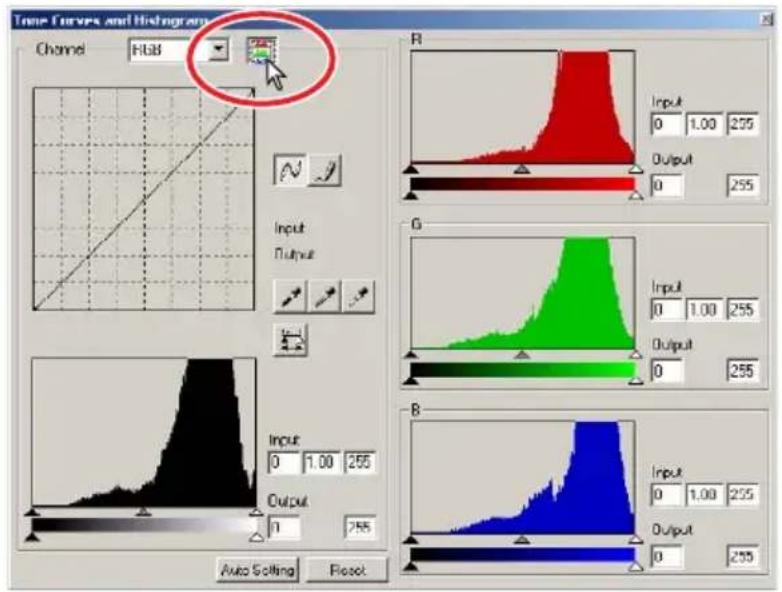Time Curves and Histogram Channel RGB Input Output Auto Scilling Reset R Input 0 1.00 255 Output 0 255 G Input 0 1.00 255 Output 0 255 B Input 0 1.00 255 Output 0 255