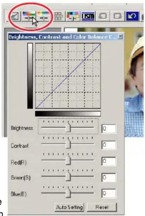 Brightness, Contrast and Color Balance C... Brightness Contrast Red(R) Green(B) Blue(B) Auto Setting Reset