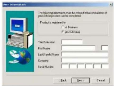 User Information The following information must be entered before installation of your Alibaba product can be completed. Product is registered to: A Business An individual Title/Solutions First Name Last Serial Name Company Serial Number < Back Next > Cancel
