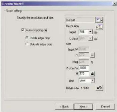 Custom Wizard Scan setting Specify the resolution and size. Default Resolution Input 705 dpi Output 200 dpi Size Input W 1.4W H 972 Mag 275 % Output W 1000 H 872 Unit pixel Image size 1.9MΩ < Back Next > Cancel