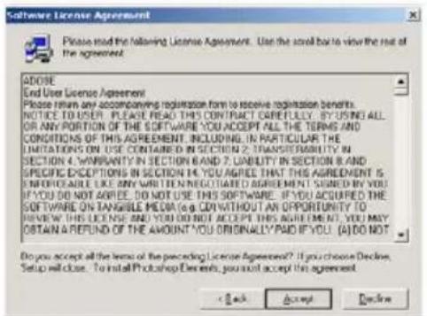 Software License Agreement Please read the following License Agreement. Use the scroll bar to view the rest of the agreement. ADOSE End User License Agreement Please return any accompanying registration form to receive registration benefits. NOTICE TO USER. PLEASE READ THIS CONTRACT CAREFULLY BY USING ALL OR ANY PORTION OF THE SOFTWARE YOU ACCEPT ALL THE TERMS AND CONDITIONS OF THIS AGREEMENT, INCLUDING IN PARTICULAR THE LIMITATIONS ON USE CONTAINED IN SECTION 2: TRANSFERMINT IN SECTION 4: WARRANTY IN SECTION 6 AND 7 LIABILITY IN SECTION 8 AND SPECIFIC EXCEPTIONS IN SECTION 14: YOU AGREES THAT THIS AGREEMENT IS AVAILABLE ARE ONLY ANY WHAT IT NEW RECOUATED AGREEMENT IS SHARED IN YOU IF YOU DO NOT AGREE. DO NOT USE THIS SOFTWARE. IF YOU ACCEPTED THE SOFTWARE ON TANGIBLE MEDIA (e.g. CDI WITHOUT AN OPPORTUNITY TO REVIEW THIS LICENSE AND YOU DON'T ACCEPT THIS AGREEMENT, YOU MAY OBTAIN A REFIND OF THE AMOUNT YOU ORINALLY PAID IF YOU. (A) DO NOT Do you accept all the items of the preceding License Agreement? If you choose Decline, Setup will close. To install Photoshop Elements, you must accept this agreement. < Back Accept Delete