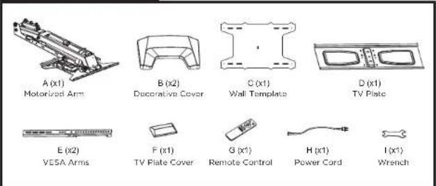 A(x1) Motorized Arm B(x2) Decorative Cover C(x1) Wall Template D(x1) TV Plate E(x2) VESA Arms F(x1) TV Plate Cover G(x1) Remote Control H(x1) Power Cord I(x1) Wrench