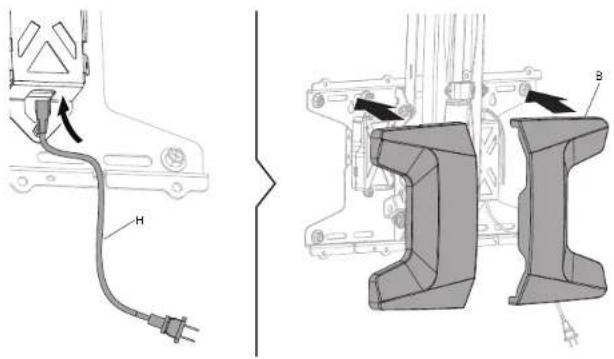 Technical diagram showing cable connection and mechanical assembly with labeled components H and B