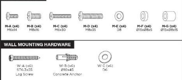 M-A (x4) M6x14 M-B (x4) M8x16 M-C (x4) M6x30 M-D (x4) M8x35 M-E (x4) D8 M-F (x4) Ø15xØ8x5 M-G (x4) Ø15xØ8x15 WALL MOUNTING HARDWARE W-A (x6) ST6.3x55 Lag Screw W-B (x6) Ø10x45 Concrete Anchor W-C (x6) D6