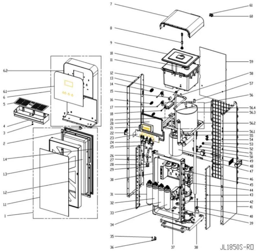 Exploded view diagram of JL1850S-RD device with numbered components and internal structure labels