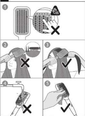 Illustrated sequence showing five steps of hair cleaning or hair cutting, with numbered instructions and checkmarks indicating removal or rejection.