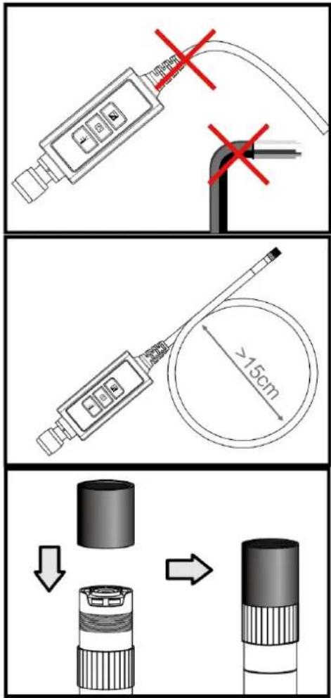 Technical diagram showing three-step installation of a sensor device with a 15cm diameter dimension and a magnified view of the component.