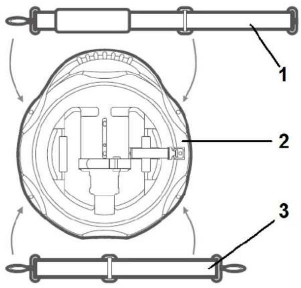 Technical diagram of a mechanical assembly with labeled components and rotational motion arrows