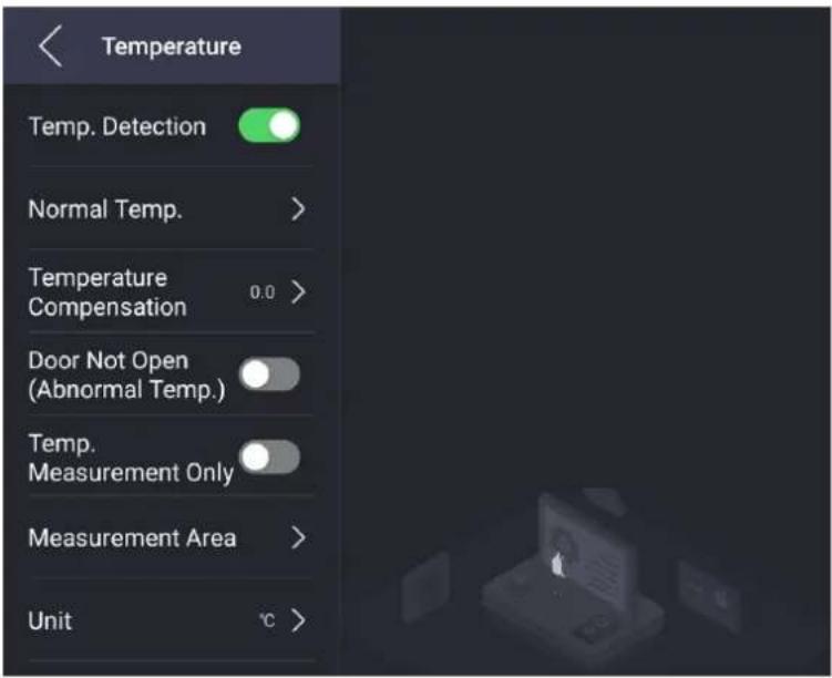 Temperature Temp. Detection Normal Temp. Temperature Compensation 0.0 > Door Not Open (Abnormal Temp.) Temp. Measurement Only Measurement Area > Unit °C >