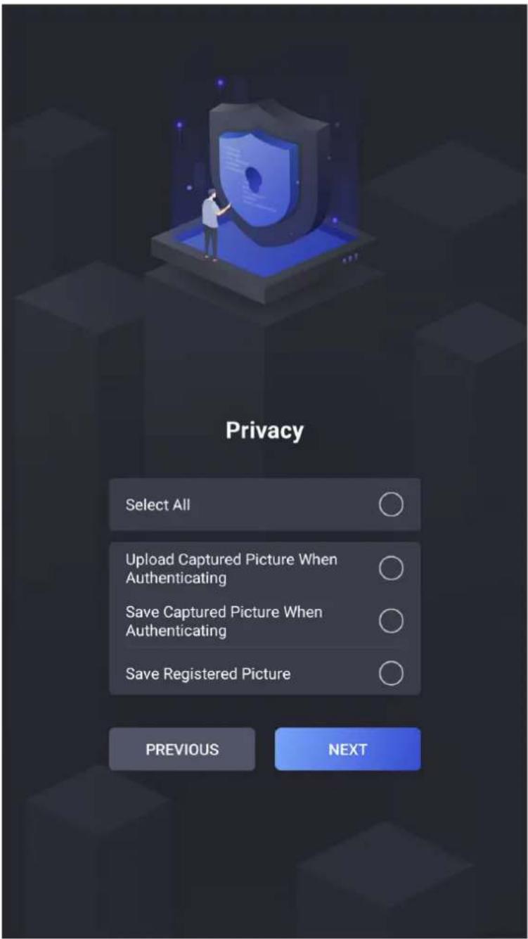 Privacy Select All Upload Captured Picture When Authenticating Save Captured Picture When Authenticating Save Registered Picture PREVIOUS NEXT