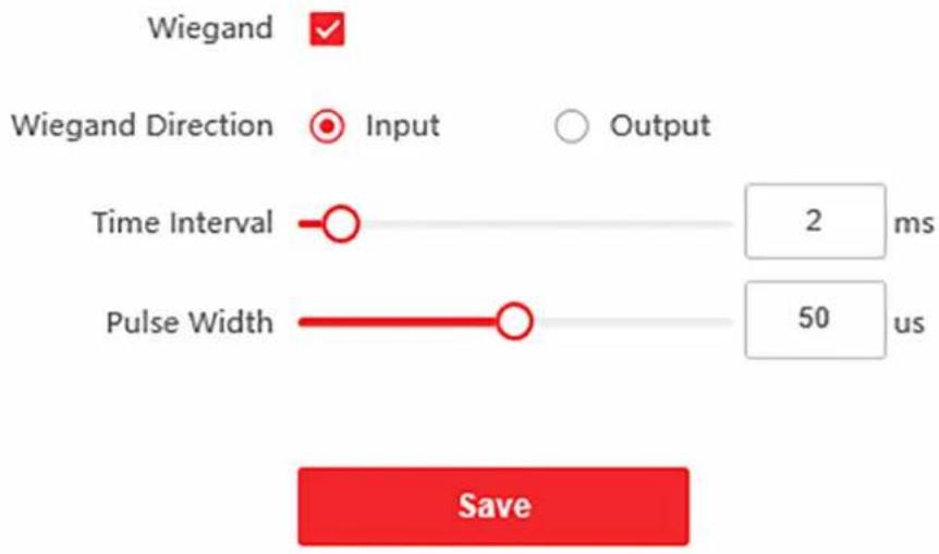 Wiegand Wiegand Direction Input Output Time Interval 2 ms Pulse Width 50 us Save