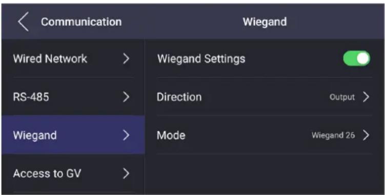 Communication Wiegand Wired Network > RS-485 > Wiegand > Access to GV >