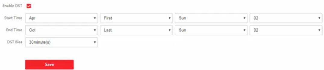 Enable DST ✓ Start Time Apr First Sun 02 End Time Oct Last Sun 02 DST Bias 30minute(s) Save
