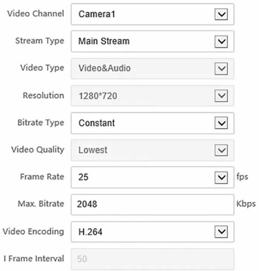 Video Channel Camera1 Stream Type Main Stream Video Type Video&Audio Resolution 1280*720 Bitrate Type Constant Video Quality Lowest Frame Rate 25 fps Max. Bitrate 2048 Kbps Video Encoding H.264 I Frame Interval 50