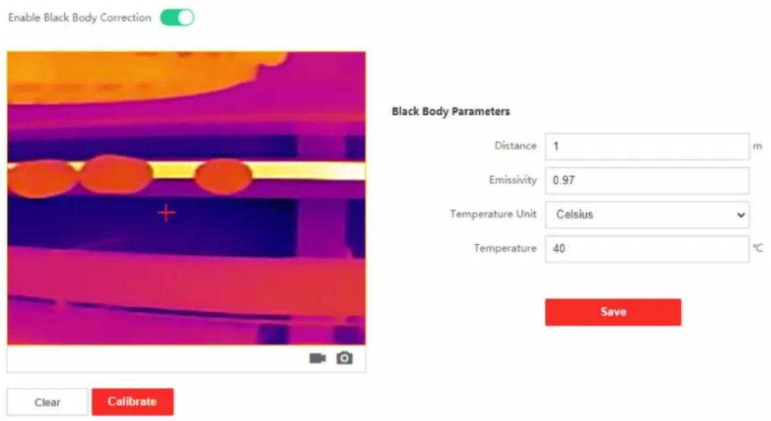 Enable Black Body Correction Black Body Parameters Distance 1 m Emissivity 0.97 Temperature Unit Celsius Temperature 40 °C Save Clear Calibrate