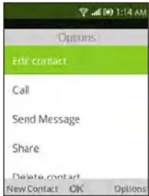 Options Edit contact Call Send Message Share Delete contact New Contact OK Options