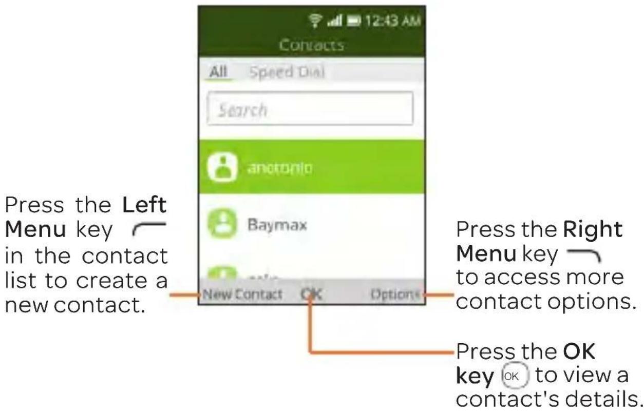 Press the Left Menu key in the contact list to create a new contact. Press the Right Menu key to access more contact options. Press the OK key OK to view a contact's details.