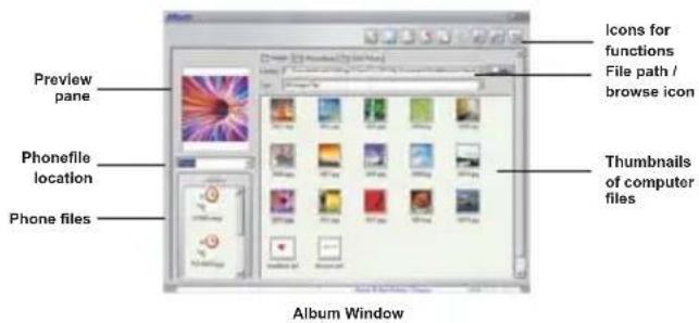 Preview pane Phonefile location Phone files Icons for functions File path / browse icon Thumbnails of computer files Album Window