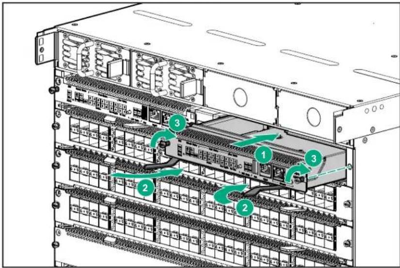 Diagram of server rack with numbered components and labeled connections, showing internal layout and ventilation paths.