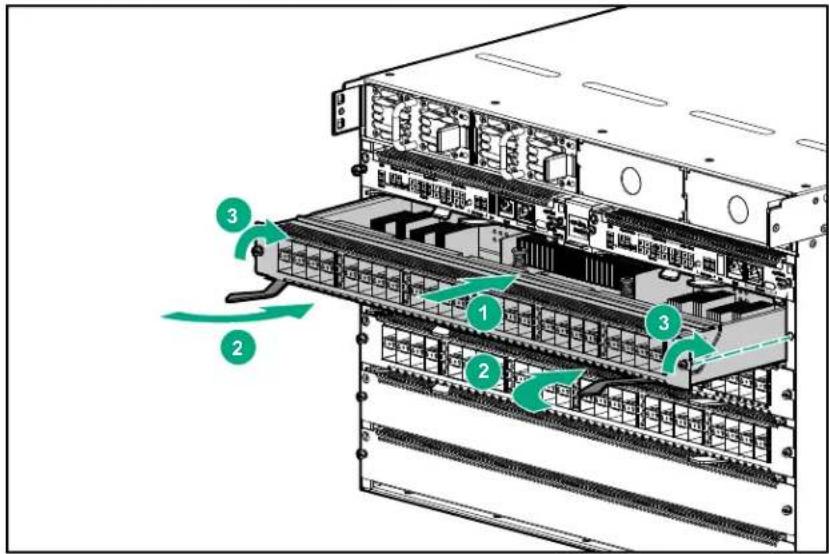 Diagram of server rack with labeled components and directional arrows indicating flow or movement
