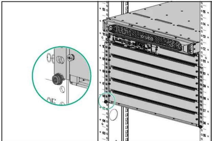 Technical diagram showing server rack with labeled components and a magnified inset view of a mechanical component detail.