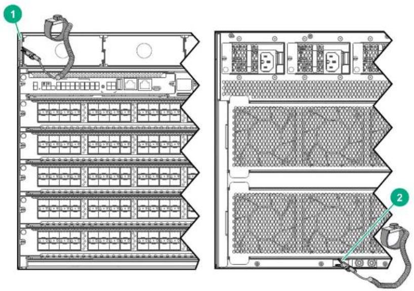 Technical diagram of server rack with labeled components, showing front and side views of a multi-chamber network.