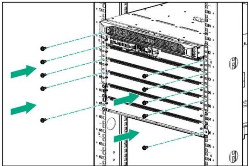 Diagram of server rack with labeled ports and directional arrows indicating data flow or movement