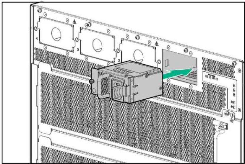 Technical diagram of a server rack with labeled components and a highlighted internal device component.