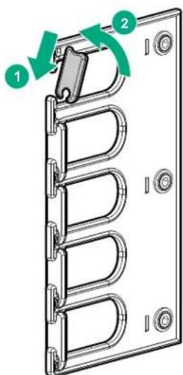 Technical diagram showing a mechanical assembly with labeled parts and directional arrows indicating motion or movement.