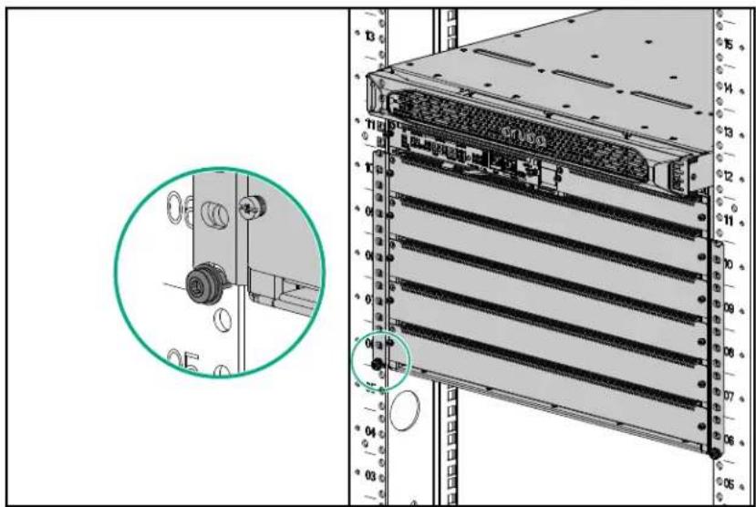 Technical diagram showing server rack with labeled components and a magnified inset view of a mechanical component detail.
