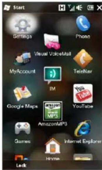 Start Settings Phone Visual VoiceMail MyAccount TeleNav IM Google Maps YouTube AmazonMP3 Games Internet Explorer Lock Home
