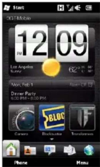 Start 3GTMobile 12 09 Los Angeles Sunny 62 P H 60 Mon, Feb 1 Dinner Party 6:00 PM - 8:00 PM Camera Blockbuster Transformers Phone Menu
