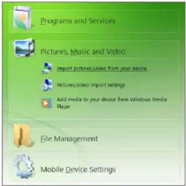Programs and Services Pictures, Music and Video Import pictures/video from your device Pictures/video import settings Add media to your device from Windows Media Player File Management Mobile Device Settings